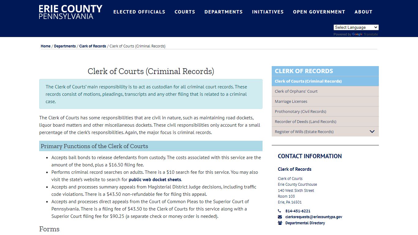 Clerk of Courts (Criminal Records) – Erie County, PA